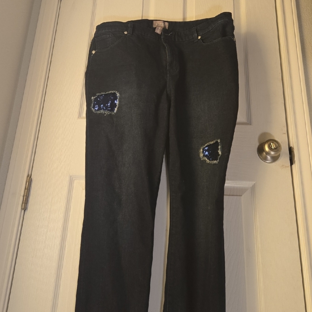 Chico's Black Flare Jeans with Blue Details